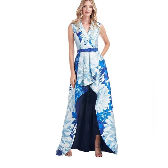 Kay Unger Parker Blue Floral Walk Thru Jumpsuit GownSize 4